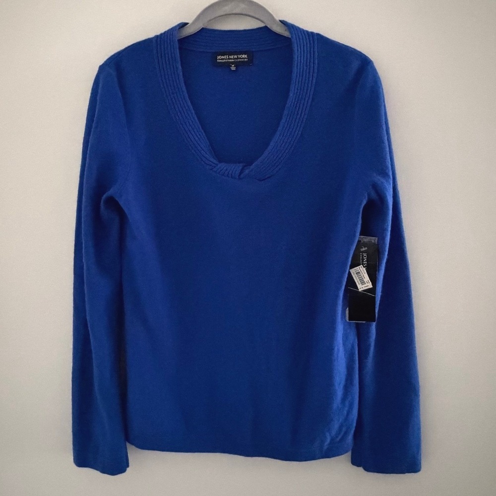 Jones New York Collection Cashmere Sweater Blue V-Neck Agate NWT M Classic Chic